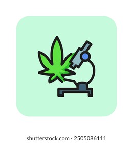 Cannabis with microscope line icon. Research, exploration, laboratory. Cannabidiol concept. Vector can be used for topics like botany, chemistry, science