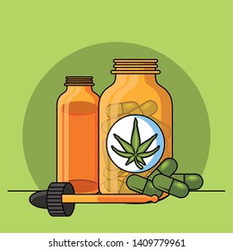 Cannabis natural medicine supplies cartoons. vector illustration graphic design.