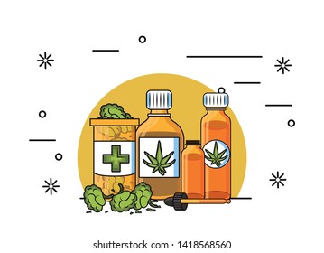 Cannabis natural medicine supplies cartoons vector illustration graphic design