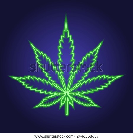 Cannabis neon leaf on dark background. Hemp, marijuana leaf icon symbol with neon glow