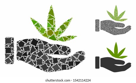 Cannabis offer hand composition of humpy pieces in variable sizes and color tinges, based on cannabis offer hand icon. Vector trembly pieces are combined into composition.