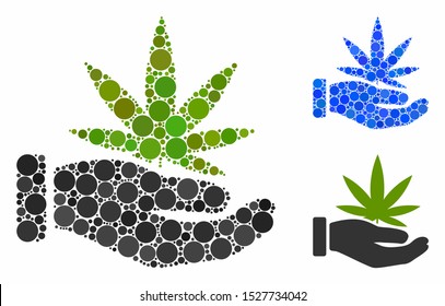Cannabis offer palm composition of filled circles in various sizes and shades, based on cannabis offer palm icon. Vector random circles are united into blue composition.