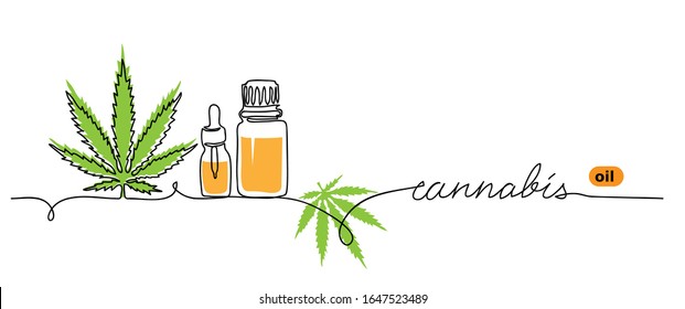 Cannabis oil minimalist vector web banner.  Marijuana, hemp, weed, banner, background.  One continuous line drawing, background, illustration with lettering cannabis. 