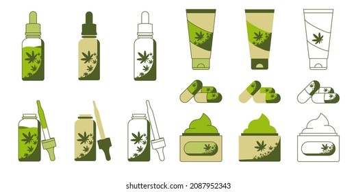 Cannabis oil, powder, cream and pills icon set. Set of vector CBD types icons with droplets, dropper bottles, pipette, bottles in outline and solid style. Isolated on white bg.