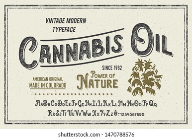 "Cannabis Oil". Textured Font with Shadow Text Effect. Retro Typeface. Vector Illustration.