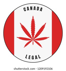 Cannabis on Canada flag in circle icon. Marijuana Legalization in Canada. Vector stock sign Legalize Canabis.