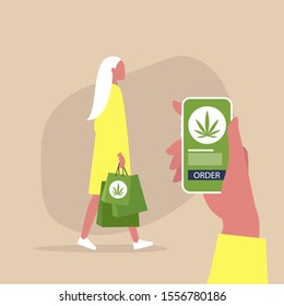 Cannabis online store, mobile interface, young female character walking with paper shopping bags, millennial lifestyle