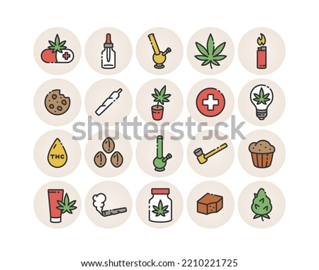 Cannabis outline icons. Set of vector hemp industry icons. Marijuana leaves, joints, bongs, smoke devices and accessories