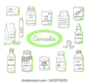 Conjunto de Vectores de iconos de esquema de cannabis. Conjunto de bocetos para artículos de cannabis, café cbd, mascarilla facial, pastillas, gominolas, vitaminas, tintura, galletas, salchicha de baño, etc. 