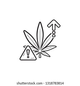 Peligro por sobredosis de cannabis con punto de exclamación y símbolo del doodle dibujado a mano con flecha arriba. Marihuana. Ilustración vectorial para impresión, web, móvil e infografía sobre fondo blanco.