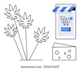 Cannabis plant, cheese slice, and a smartphone screen displaying a shopping cart and buy button. Ideal for online shopping, organic products, cannabis, dairy, and e-commerce themes. Minimalist line