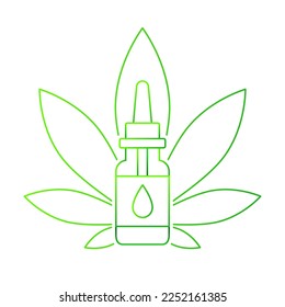 Extracto vegetal de cannabis y concepto de aceite de cbd. Medicina alternativa, hoja de cáñamo, frasco y pipeta con un símbolo de gota.