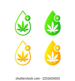 Cannabis plant extract, hemp leaf oil serum as icon or logo concept. Drop with golden and green color. Cross as health and medicine symbol.