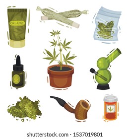 Cannabis Plant Things and Items Vector Illustrated Set