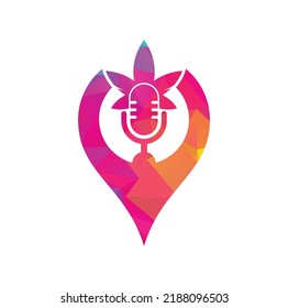Diseño del logotipo vectorial del mapa del podcast de cannabis. Logo de podcast con plantilla de vector hoja de cannabis.	