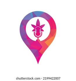 Diseño del logotipo vectorial del mapa del podcast de cannabis. Logo de podcast con plantilla de vector hoja de cannabis.