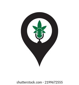 Cannabis podcast map pin shape concept vector logo design. Podcast logo with cannabis leaf vector template.