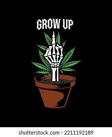 Cannabis Pot. Bone Hand. Growp Up Phrase. Weed Is Growing. Cannabis and Weed Design Free Vector