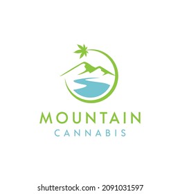 Cannabis Pot Hemp Leaf With Hills Mountain Peaks For CBD Or Cultivation Logo Design