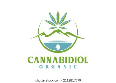 Cannabis Pot Hemp Leaf With Hills Mountain Peaks For CBD Or Cultivation Logo Design