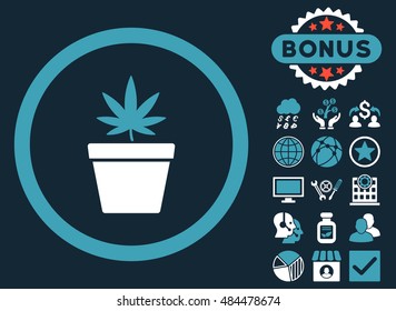 Cannabis Pot icon with bonus elements. Vector illustration style is flat iconic bicolor symbols, blue and white colors, dark blue background.