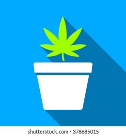 Cannabis Pot long shadow vector icon. Style is a flat light symbol with rounded angles on a blue square background.