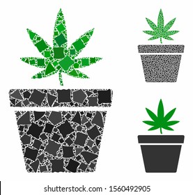 Cannabis pot mosaic of irregular items in various sizes and color tints, based on cannabis pot icon. Vector inequal items are grouped into collage. Cannabis pot icons collage with dotted pattern.