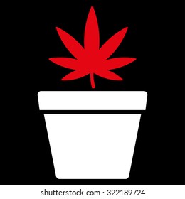 Cannabis Pot vector icon. Style is bicolor flat symbol, red and white colors, rounded angles, black background.