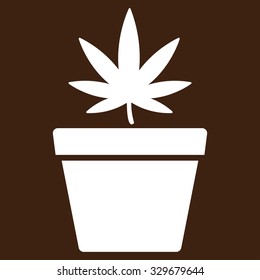 Cannabis Pot vector icon. Style is flat symbol, white color, rounded angles, brown background.