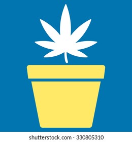 Cannabis Pot vector icon. Style is bicolor flat symbol, yellow and white colors, rounded angles, blue background.