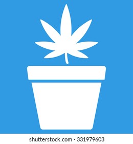 Cannabis Pot vector icon. Style is flat symbol, white color, rounded angles, blue background.