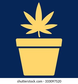 Cannabis Pot vector icon. Style is flat symbol, yellow color, rounded angles, blue background.