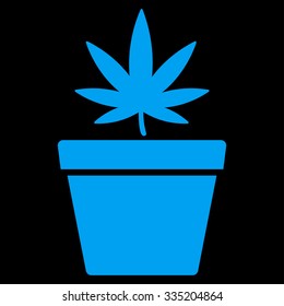 Cannabis Pot vector icon. Style is flat symbol, blue color, rounded angles, black background.