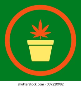 Cannabis Pot vector icon. Style is bicolor flat rounded symbol, orange and yellow colors, rounded angles, green background.