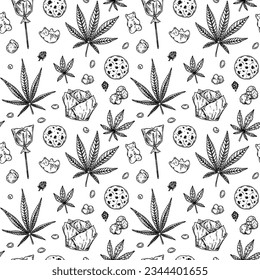 Cannabis products seamless pattern. Marijuana hand drawn vintage background. Vector illustration in sketch style. Weed engraving design

