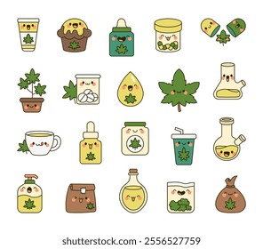 Cannabis products set with cute kawaii cartoon characters featuring various items including muffin, capsules, plant, tea, bong, oil, pouch for wellness and healthcare