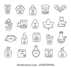 Cannabis products set with cute kawaii cartoon characters featuring various items including muffin, capsules, plant, tea, bong, oil, pouch for wellness and healthcare