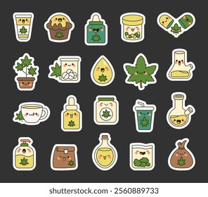 Cannabis products set with cute kawaii cartoon characters featuring various items including muffin, capsules, plant, tea, bong, oil, pouch for wellness and healthcare