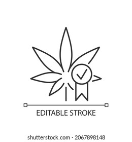 Cannabis Qualitätskontrolle Linearsymbol. Beurteilung des Arzneimittels für Marihuana. Qualitätszertifizierung. Dünne, anpassbare Illustration. Contour-Symbol. Vektor-einzelne Rahmenzeichnung. Bearbeitbarer Hub