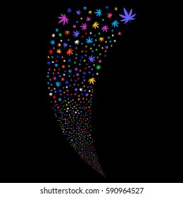 Cannabis random fireworks stream. Vector illustration style is flat bright multicolored iconic symbols on a black background. Object fountain created from scattered design elements.