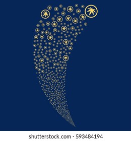 Cannabis random fireworks stream. Vector illustration style is flat yellow iconic symbols on a blue background. Object fountain made from scattered pictograms.