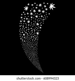 Cannabis random fireworks stream. Vector illustration style is flat white iconic symbols on a black background. Object fountain organized from scattered icons.