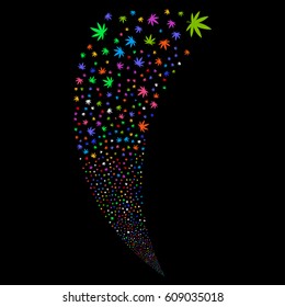 Cannabis random fireworks stream. Vector illustration style is flat bright multicolored iconic symbols on a black background. Object fountain made from scattered icons.
