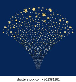 Cannabis salute stream. Vector illustration style is flat yellow iconic symbols on a blue background. Object fireworks fountain organized from random pictograms.