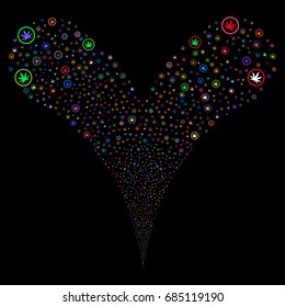 Cannabis salute stream. Vector illustration style is flat bright multicolored iconic cannabis symbols on a black background. Object fountain organized from random symbols.