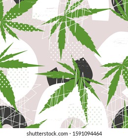 Cannabis seamless background with abstract vector objects and plant leaves.  Modern botanical repeat pattern with natural drug foliage for marijuana agriculture posters and prints.