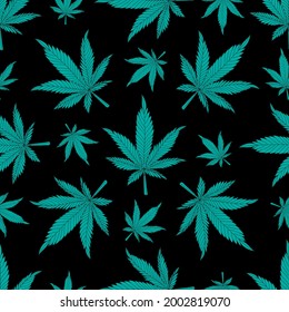 Patrón sin fisuras de cannabis. El cáñamo verde sale sobre un fondo negro. Ilustración vectorial de patrón de marihuana