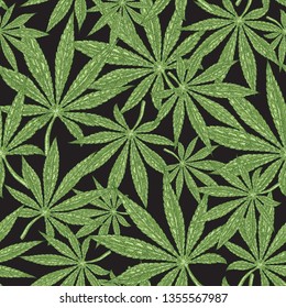 Cannabis seamless pattern. Green leaves marijuana on black background. Hand drawn vector illustration.