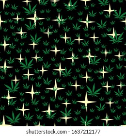 cannabis seamless pattern green marijuana leaves on a black background with yellow stars chaotic bold hemp plant vector illustration design for souvenir products and printing on fabric