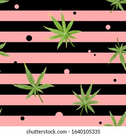 Cannabis seamless pattern with green marijuana leaves, black and pink strips, round dots. Vector illustration in flat simple trendy style.